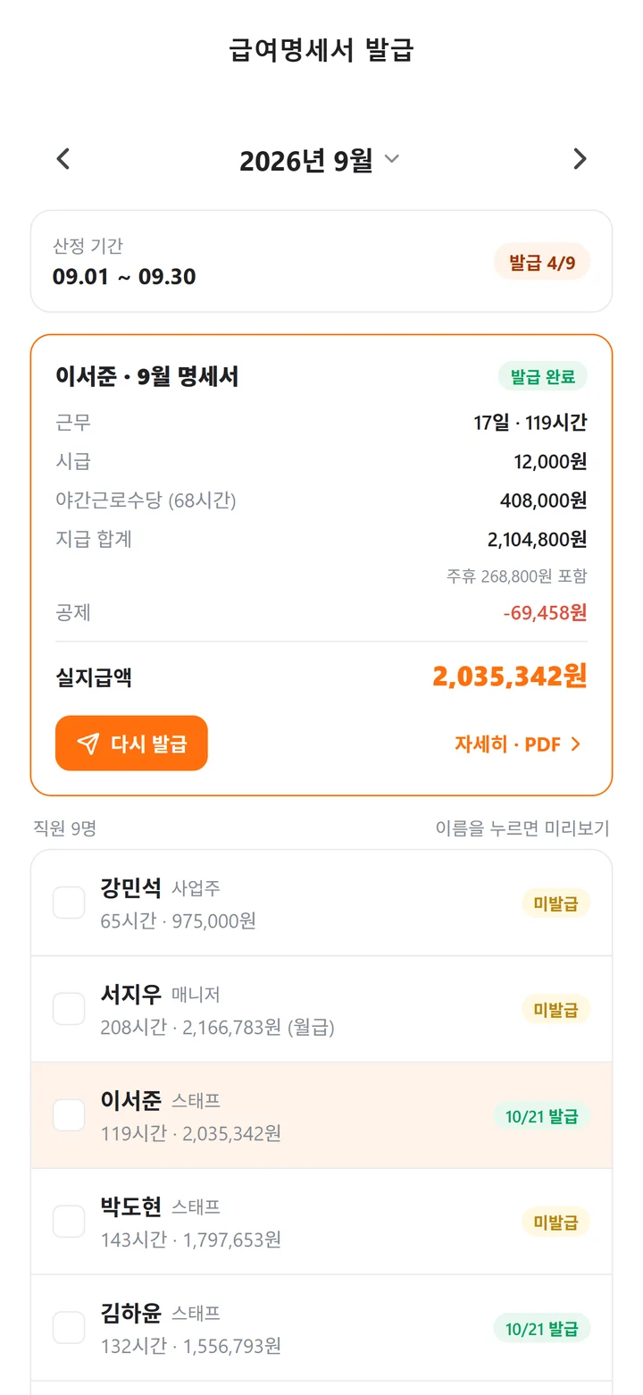 산정 기간과 발급 현황, 직원별 근무시간·금액과 발급 상태가 보이는 급여명세서 발급 화면